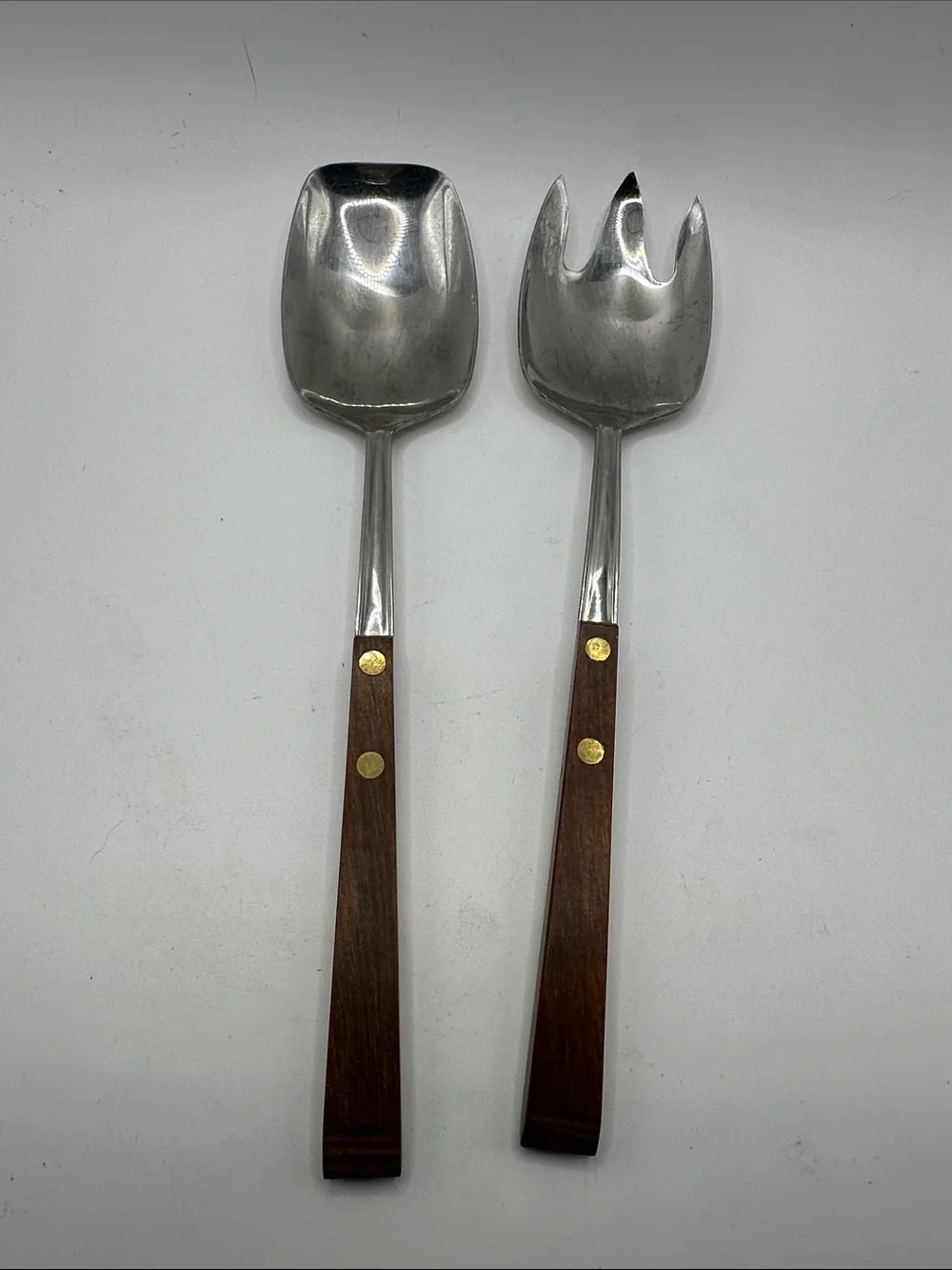 Wood-Handled Stainless Steel Salad Serving Set - Brown